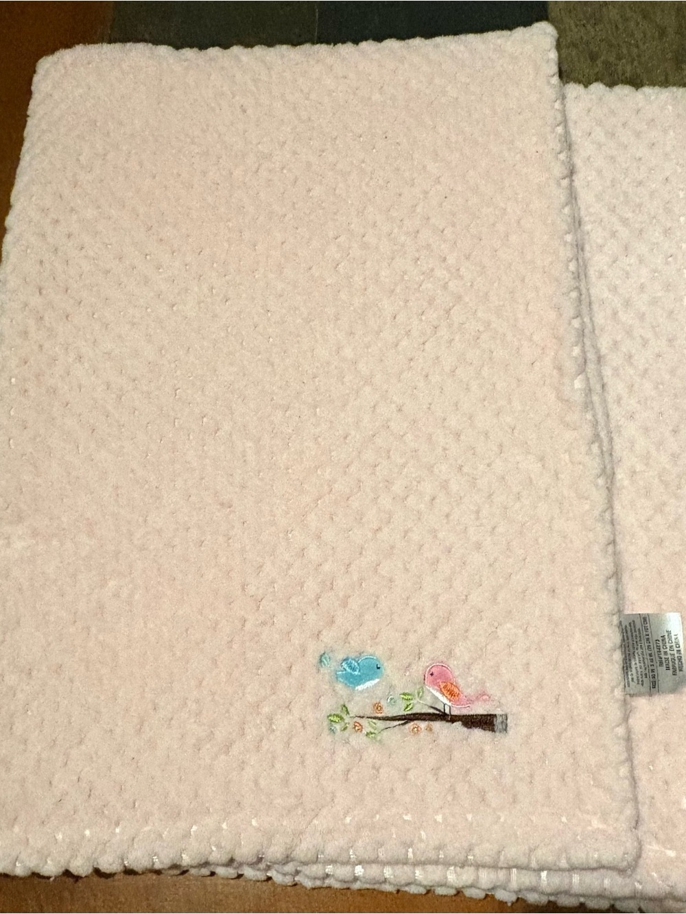 Plush Pink Baby Blanket with Embroidered Birds